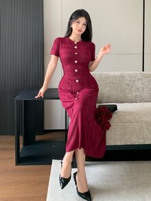 Modelyn Women's Solid Color Round Neck Short Sleeve Button Design Elegant Knit Dress - Burgundy - View 6
