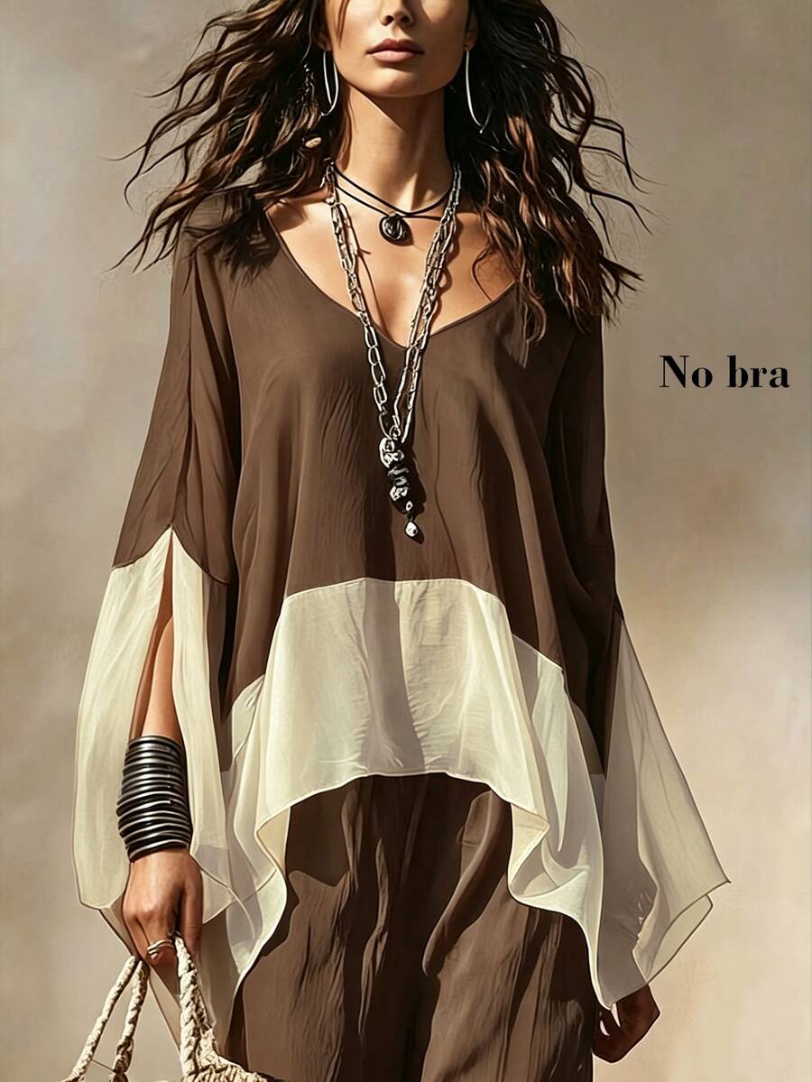 SHEIN New Women's Colorblock Patchwork Versatile Slimming Loose Fit Shirt - Brown - View 1