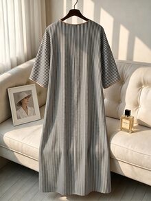 Trelyra Women's Striped V-Neck Dropped Shoulder Loose Casual Midi Dress - Black and White - View 4