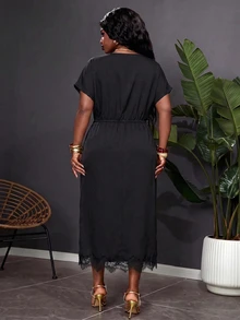 Reflora Plus Size Women's Summer New Batwing Sleeve Black Solid Color Dress, Suitable For Daily Commute, Versatile Style, Also Appropriate For Elegant Cocktail Parties And Various Occasions. - Black - View 2