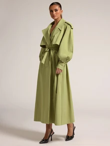 SHEIN BAE Women's Autumn/Winter Classic Lapel Daily Versatile Commute Elegant Solid Color Long Curved Sleeve Four-Button Front Open Trench Coat Jacket - Green - View 5