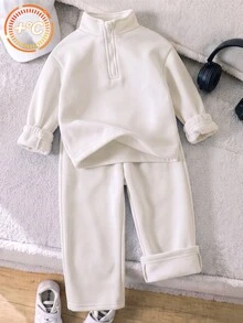 SHEIN Genkimix Kids 2件組少女針織衛衣 單面刷毛半拉鍊上衣 休閒經典百搭淺灰色 2件套 - 白色 - 查看 1