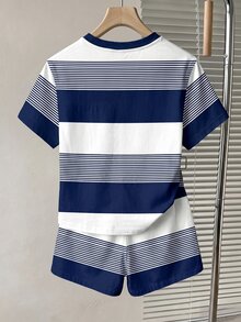 青少年女孩休閒舒適粉色條紋3D花卉圖案寬鬆圓領T恤與寬鬆短褲2件套，適合日常穿著、外出、校園、返校季，甜美酷感慵懶休閒時尚風 - 彩色 - 查看 2