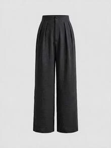 SHEIN PETITE CURVE Plus Size Women's Solid Color Pleated Wide Leg Loose Casual Long Pants - Multicolor - View 5