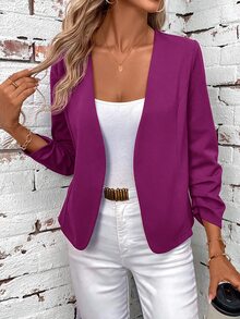 SHEIN Clasi 女款優雅開襟百褶長袖百搭黑色夾克 - 中紫紅色 - 查看 1