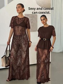 Lavishia 女款圓領短袖透視蕾絲洋裝 - 咖啡棕 - 查看 9