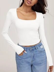SHEIN BASICS 3件組女款素色方領長袖修身百搭T恤 - 彩色 - 查看 7