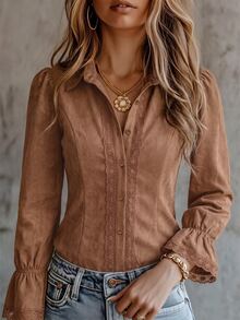 LUMIGAL Women's Autumn/Winter Long Sleeve Patchwork Lace Elegant Fashion Blouse - Brown - View 8