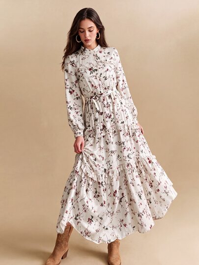CielaLinda Women's Floral Print Shirt Maxi Dress, Long Sleeve Ruffle Puff Sleeve Dress, Belted Boho Dress