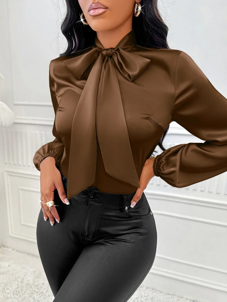 SOLERSUN Women's Solid Color Collar Long Sleeve Elegant Blouse - Brown - View 1