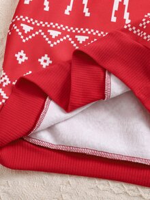 SHEIN Tween Girls Christmas Reindeer Fair Isle Pattern Printed Thick Crew Neck Loose Thermal Lined Long Sleeve Sweatshirt Family Matching - Red and White - View 7