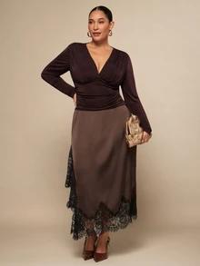 SHEIN BAE CURVE Plus Size Women's Brown Satin Lace Patchwork Skirt - Brown - View 2