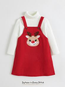 SHEIN 女童小女孩鹿圖案紅色燈芯絨卡通刺繡秋季洋裝 - 紅色 - 查看 2