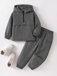 SHEIN 2件組兒童小男孩休閒日常百搭舒適拼接連帽半拉鍊套頭寬鬆長袖外套與寬鬆收口長褲，梭織兩件套，適合學校、花園、海灘、生日，春/夏季 - 黑色 - 查看 3