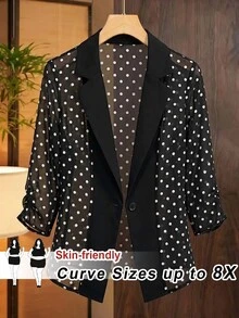 SHEIN CURVE+ 大尺碼女款波點圖案翻領單扣休閒夾克 - 黑與白 - 查看 1