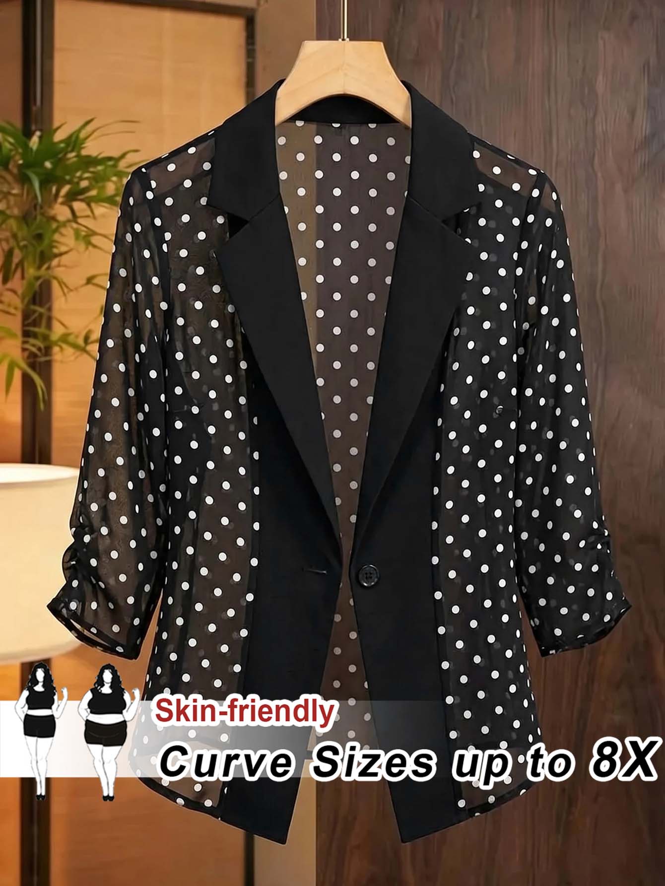 SHEIN CURVE+ 大尺碼女款波點圖案翻領單扣休閒夾克 - 黑與白 - 查看 1