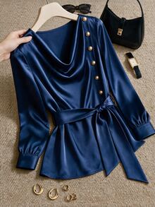 Grovea Plus Size Women's Elegant Satin Solid Color Metal Buckle Decor Tie Waist Loose Long Sleeve Spring Autumn Party Blouse - Royal Blue - View 3