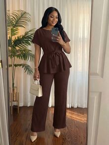 SHEIN Lady CURVE 大尺碼女款圓領短袖上衣與長褲休閒兩件套 - 棕色 - 查看 6