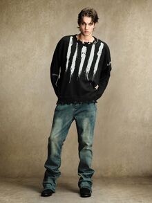 ROMWE MEN Men's Brush Pattern Distressed Hem Drop Shoulder Loose Fit Long Sleeve Sweater - Black - View 7