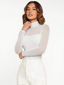 SHEIN BASICS Bodysuit Wanita Warna Polos Kerah Tinggi dengan Detail Jala Kontras Lengan Panjang - Putih - View 3
