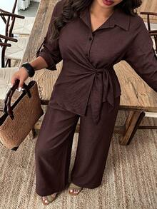 Linhara CURVE Women's Plus Size Spring/Autumn Casual Lapel Tie Waist Cinched Blouse And Loose Pants 2 Pieces Set, Suitable For Daily Wear And Office Fall - Brown - View 6