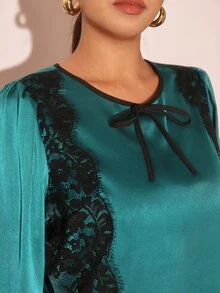 Cravure Green Plus Size Shirt With Lace Trim Design - Dark Green - View 3