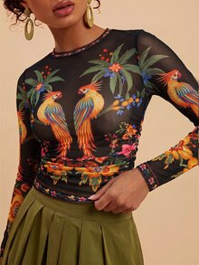 Travachic 女款棕櫚樹網紗圓領長袖修身性感上衣 - 彩色 - 查看 2