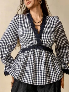Nubod Plus Size Women's Contrast Lace Plaid V-Neck Elegant Blouse - Navy Blue - View 6