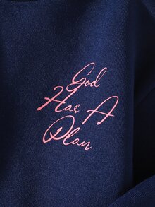 SHEIN 女童秋季字母背印時尚寬鬆極簡圓領抓絨內裡海軍藍運動衫 - 藏蓝色 - 查看 6