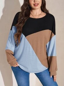 SHEIN LUNE 大尺碼休閒對比色圓領燈籠袖運動衫，秋季大尺碼女裝 - 彩色 - 查看 1