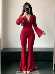 Tideelle Women's Vintage Lace Deep V-Neck Exquisite Fashion Jumpsuit Flare Pants - Burgundy - View 1