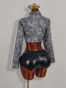 Amplova Autumn/Winter Fur Collar Patchwork PU Women's Jacket - Grey - View 11