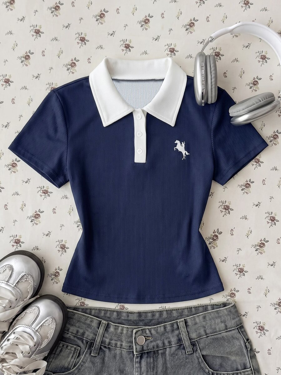 青少年女孩白色純色休閒極簡半鈕扣 Polo 領修身短袖 T-shirt - 藏蓝色 - 查看 1