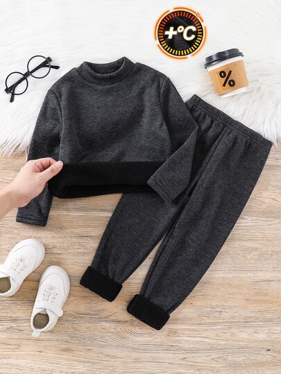 SHEIN 2pcs Kids Young Boy Autumn/Winter Thermal Underwear Set, Solid Dark Gray Cold-Proof 2 Pieces Set, Boys Underwear