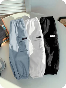 SHEIN 3件組買2送1兒童青少年男孩休閒寬鬆收口工裝褲，基礎下裝，黑色工裝褲、軍綠色工裝褲、卡其色工裝褲，適合秋冬、學校、家庭聚會，秋季穿搭，冬季穿搭 - 彩色 - 查看 2