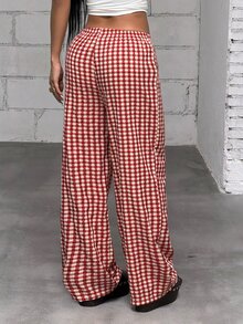 SHEIN ICON 新款復古格紋直筒寬腿休閒通勤甜美長褲 - 酒紅色 - 查看 2