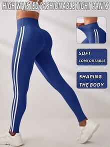 SHEIN Sports 女款高腰側條紋運動緊身褲 - Brilliant Blue - 查看 1