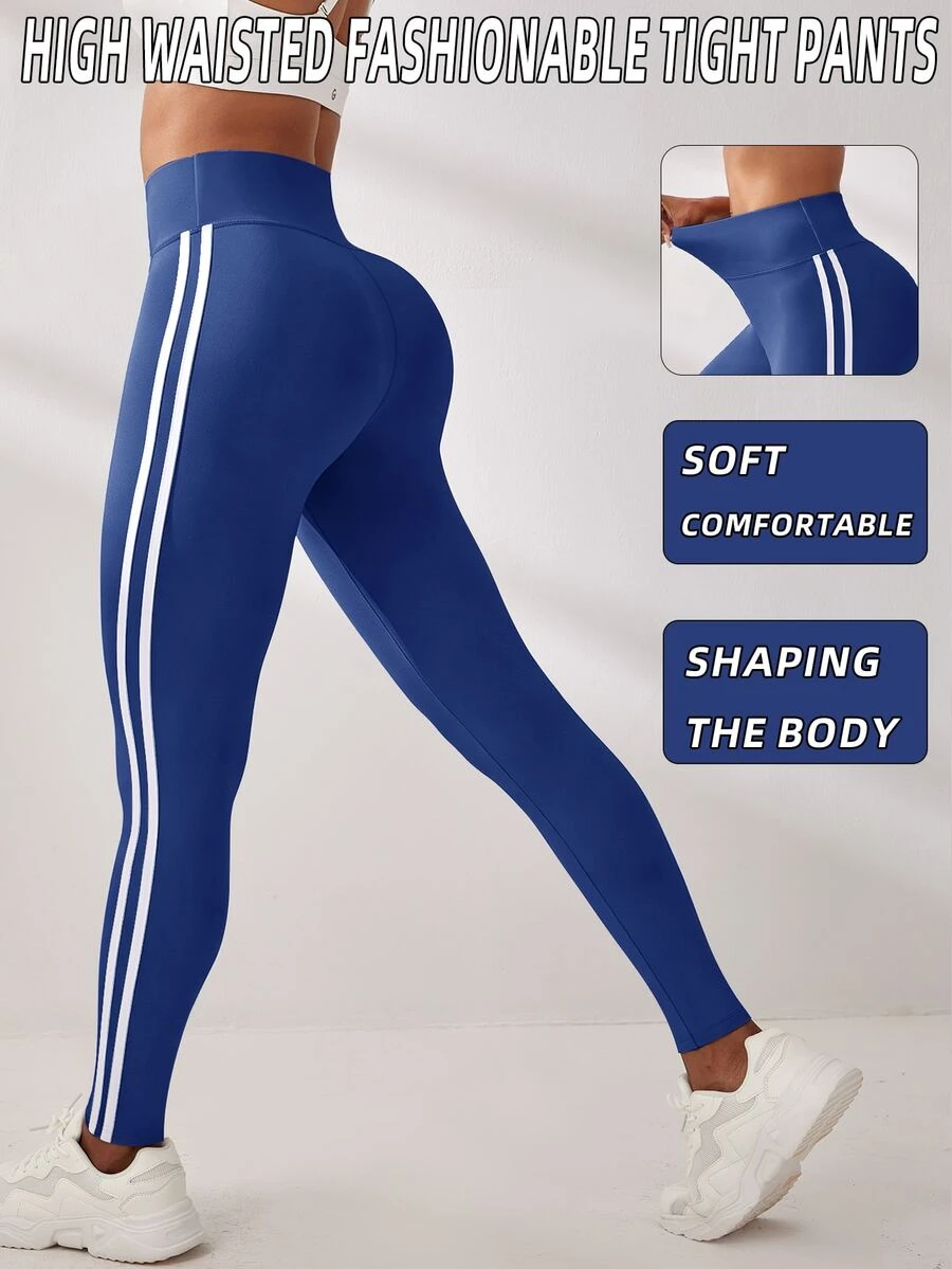 SHEIN Sports 女款高腰側條紋運動緊身褲 - Brilliant Blue - 查看 1