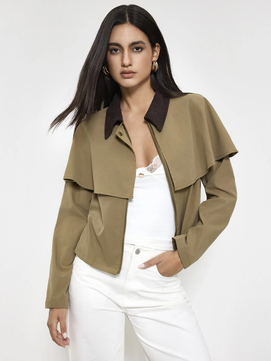 Maija Khaki Cape Style Women's Jacket, Autumn/Winter Urban Casual - Khaki - View 1
