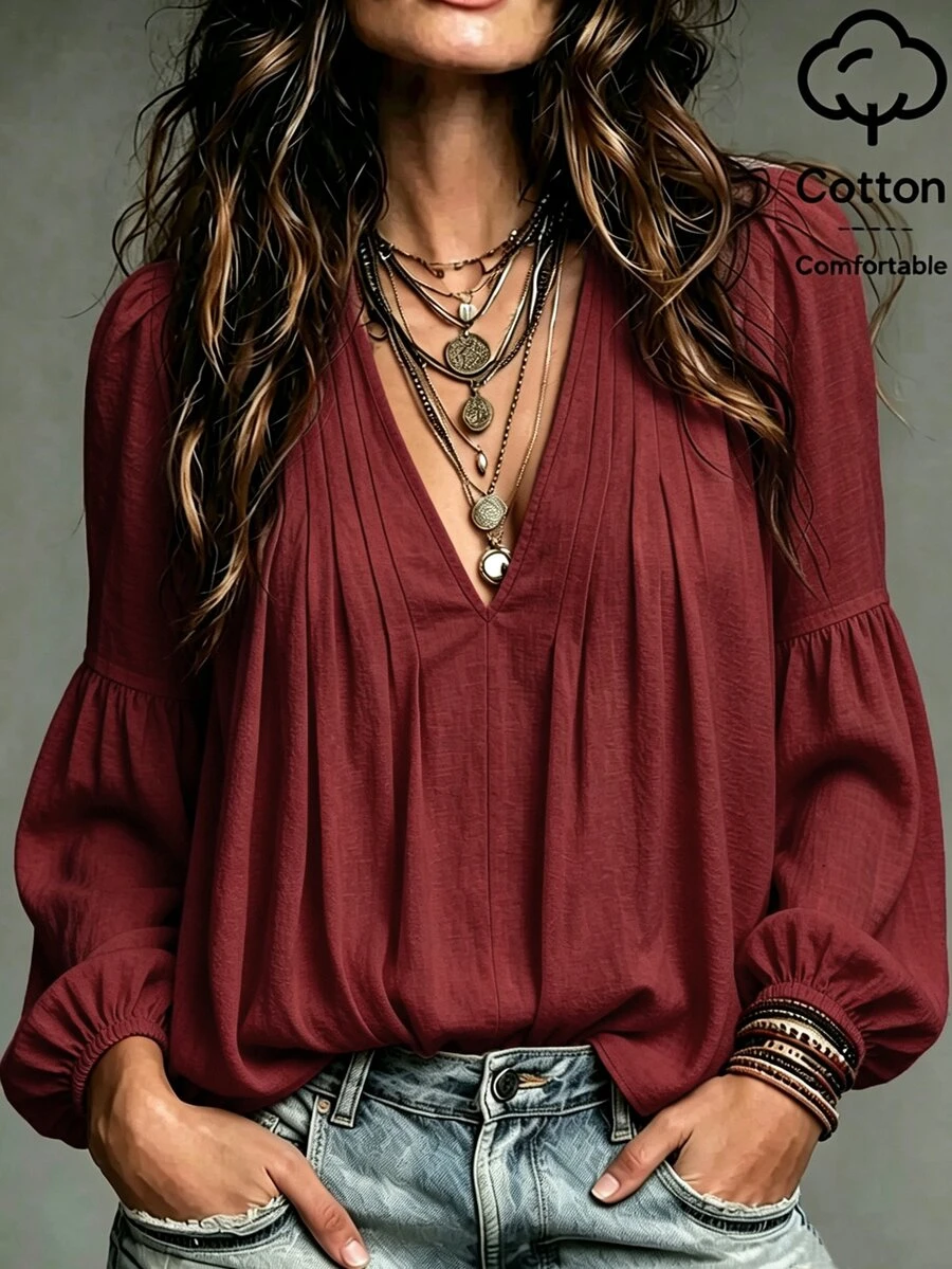 SHEIN Blus A-line longgar lengan sedang model lentera dengan tekstur warna krem-putih pudar, leher V dalam, lipatan ganda di kedua sisi, bahu multi-lipat, lengan mikro-kelopak, detail kerutan tambal sulam, dan potongan longgar. - Burgundy - View 1