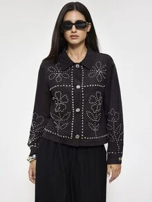 Maija Jaket Kasual Wanita Lengan Panjang Kancing Tunggal dengan Desain Rivet dan Potongan Reguler - Coffee Brown - View 6