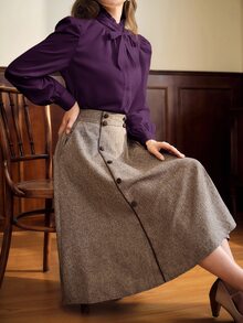 Vintamour Women's Solid Color Ruffle Tie Neck Long Sleeve Elegant Blouse - Purple - View 5