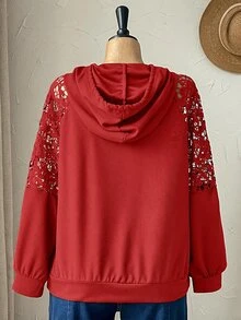 Rusticease Plus Size Women Solid Color Contrast Lace Raglan Long Sleeve Drawstring Hooded Sweatshirt - Red - View 2