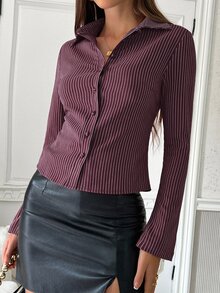 SHEIN 女款條紋長袖單排扣休閒通勤襯衫 - 中紫紅色 - 查看 6