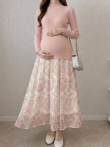 DAZY Solid Color Fitted Mock Neck Long Sleeve Sweater & Printed Umbrella Skirt Elegant Vacation Korean Style Spring Autumn Maternity 2 Pieces Set - Pink - View 4
