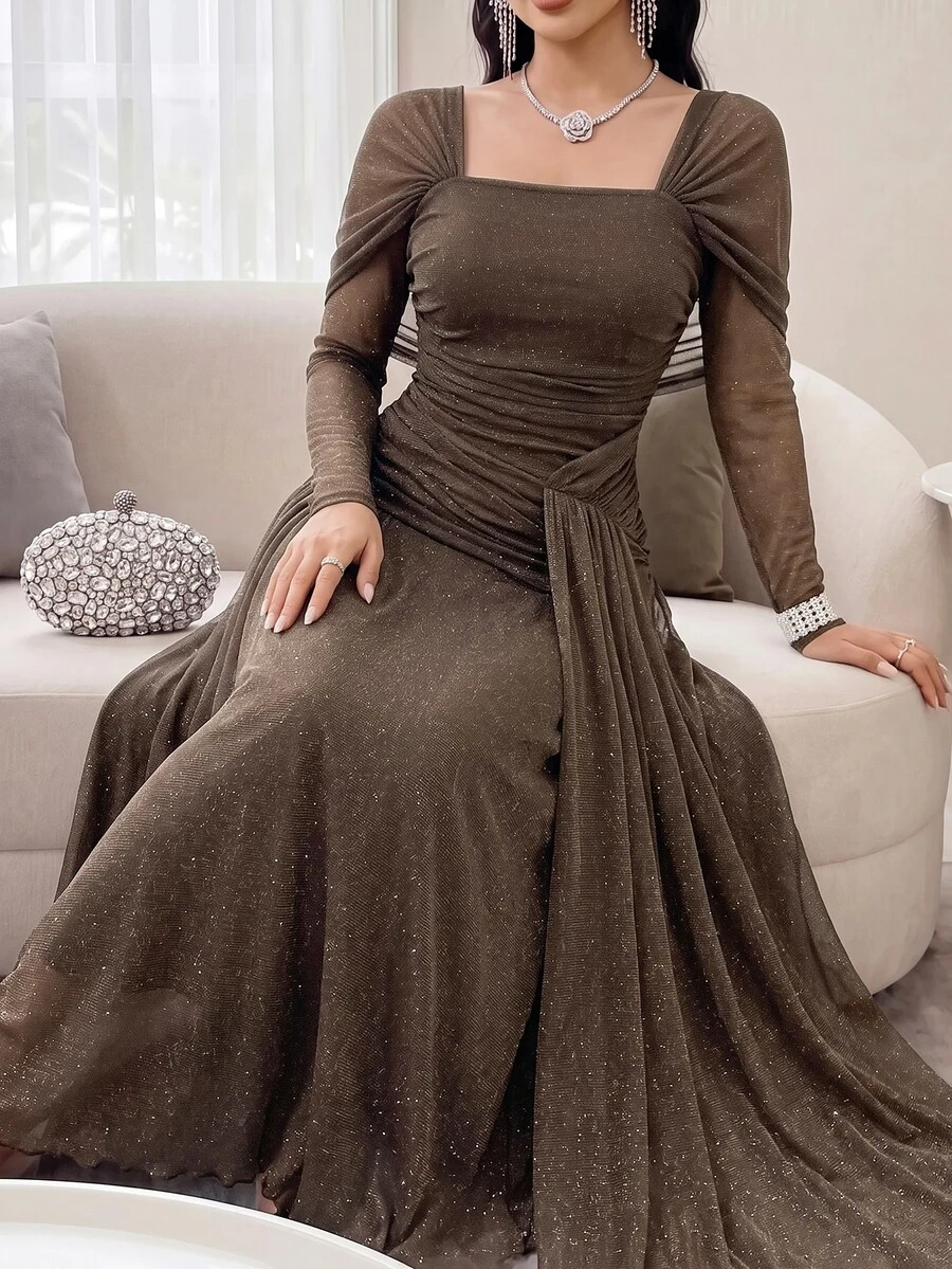 Feyla Women's Solid Color Square Neck Pleated Elegant Shiny Midi Dress - Dark Green - View 1