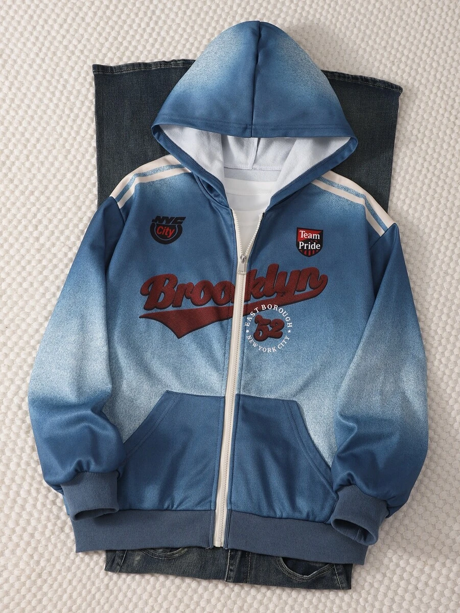 SHEIN 1件青少年女孩休閒極簡字母印花口袋拉鍊連帽長袖運動衫外套,簡約街頭風,秋冬必備 - 藍色 - 查看 1