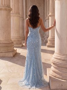 Coutiva Women's Draped Neck Floral Sequin Mermaid Hem Evening Dress - Blue - View 2