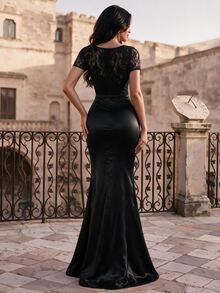 Coutiva Women's Lace Square Neck Short Sleeve Mermaid Hem Elegant Romantic Formal Prom Night Formal Event Evening Gown (Intricate Design) Black Fall - Black - View 3