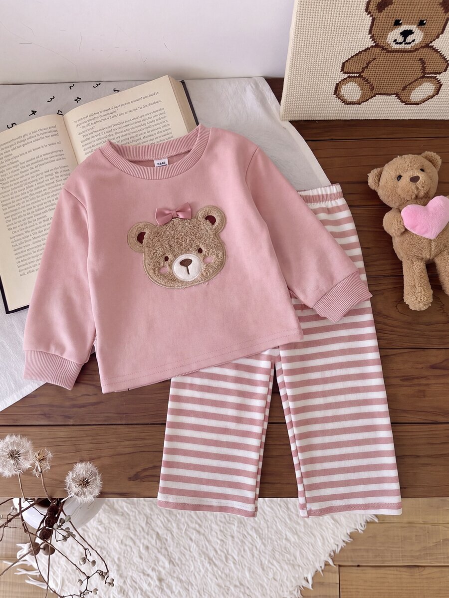 SHEIN Playful Pals 2件組幼女可愛甜美粉白熊蝴蝶結條紋長袖圓領派對裝秋季冬季假期彈性腰長褲T恤套裝 - 粉色 - 查看 1
